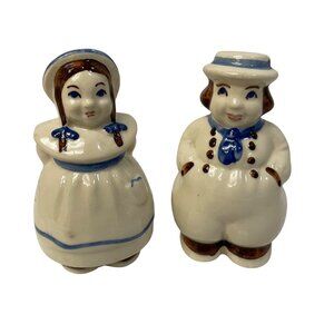 Vintage Ceramic Farmer Couple Salt & Pepper Shakers Dutch Boy Girl 5" Blue & Bro